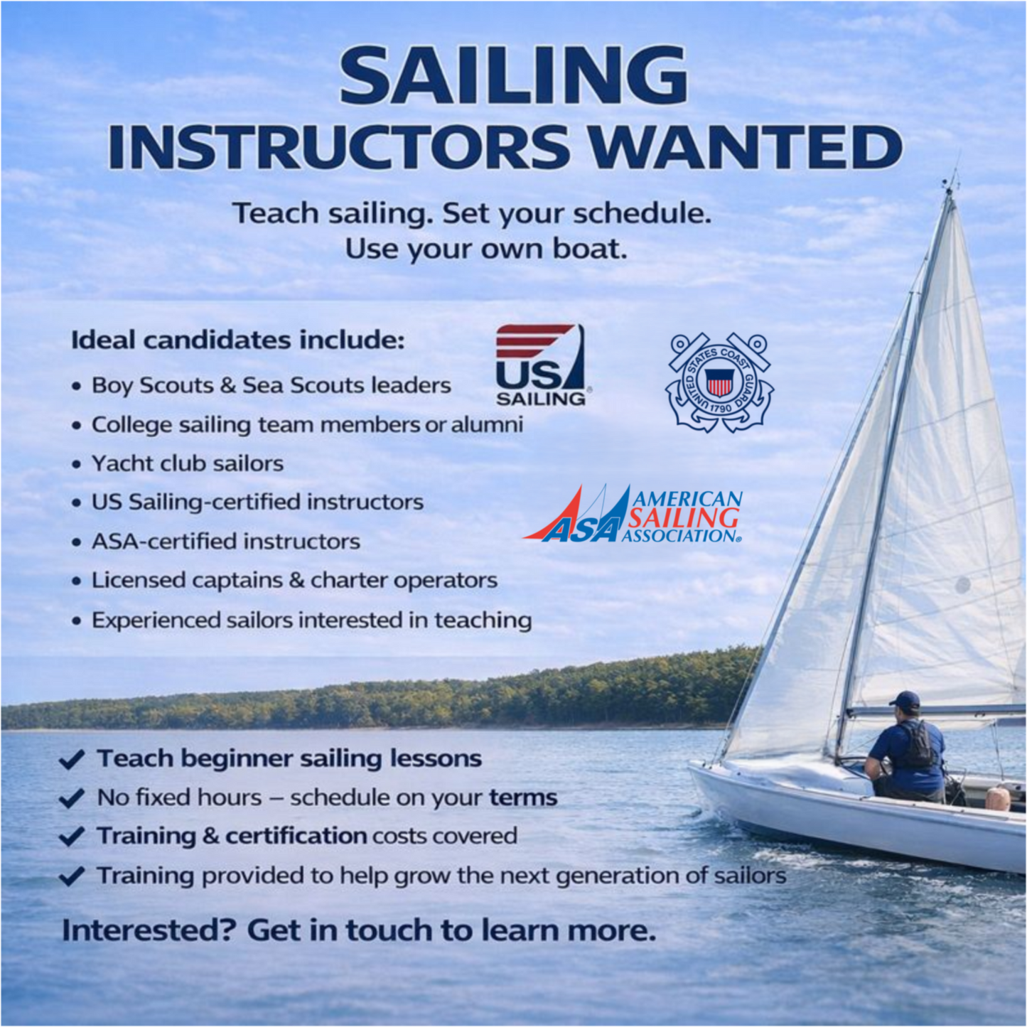 Sailing instructors wanted graphic showing experienced sailors teaching on a sailboat, with training and certification costs covered by Bryan Yacht Club for qualified instructors