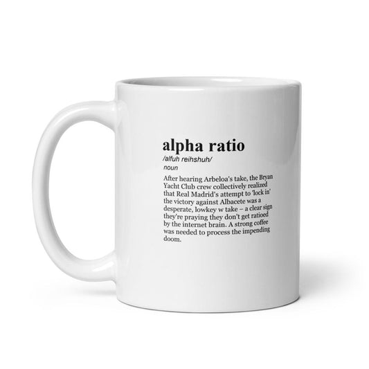 11 oz coffee mug with the BYC dictionary term alpha ratio — real madrid Official: Real Madrid starting lineup against Albacete | Copa del Rey Alvaro Arbeloa Leaves Seven Stars Out for First Real Madrid Match Copa del Rey: How to Watch Albacete vs. Real Madrid Soccer Livestream From Anywhere