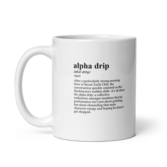 alpha drip /alfuh drihp/ noun After a particularly strong morning brew at Bryan Yacht Club, the conversation quickly centered on Rui Hachimura's sudden shift—it's all about the alpha drip: a collective realization amongst members that his performance isn't just about grinding, but about channeling that main character energy and hoping he doesn't get chopped.