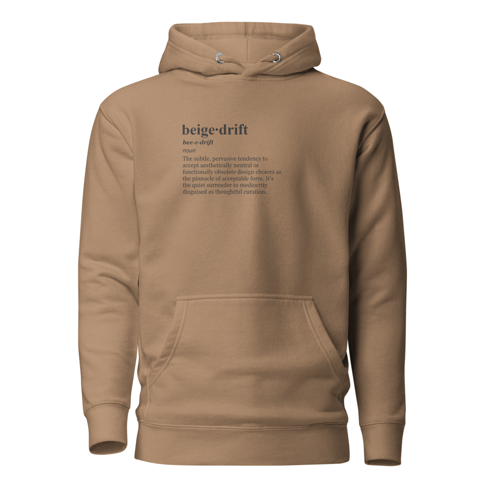 Cream colored hoodie, embracing postmodern design.