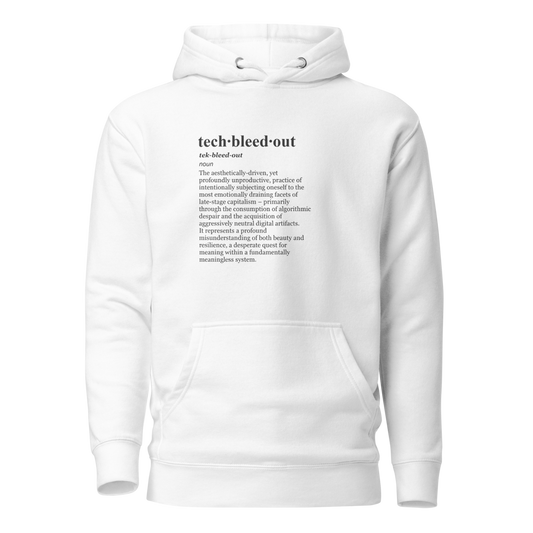 Gray hoodie featuring a distressed aesthetic, perfect for market doomscrolling.