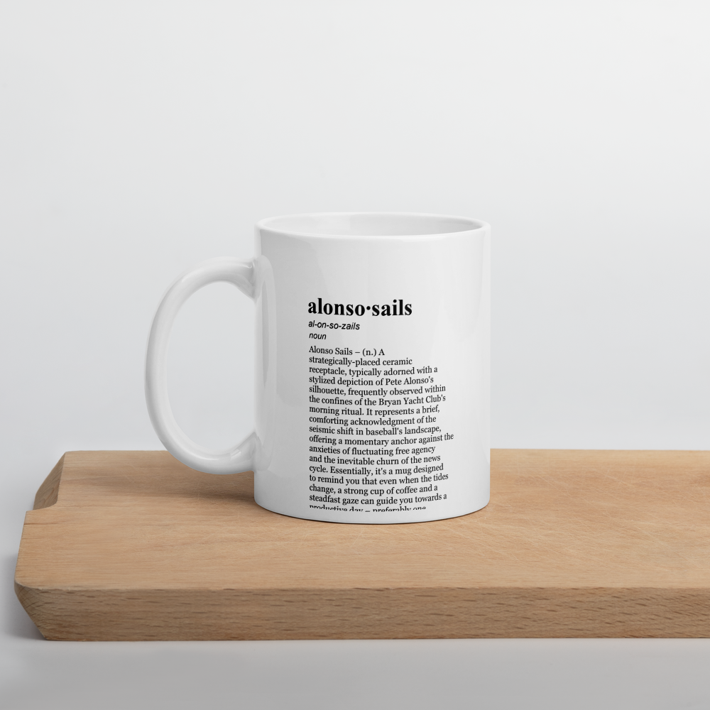 Glossy white ceramic coffee mug - Alonso Orioles Mug, Yacht Club Morning Brew