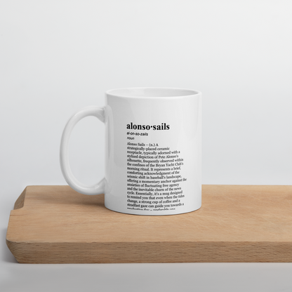 Glossy white ceramic coffee mug - Alonso Orioles Mug, Yacht Club Morning Brew
