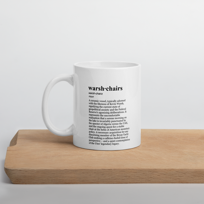 Beige ceramic coffee mug: Fed Rate Decisions - Warsh & Whittingham.