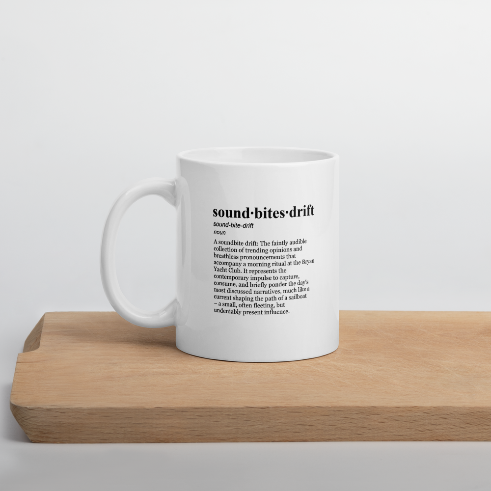 White ceramic podcast coffee mug – enjoy your sports podcast.