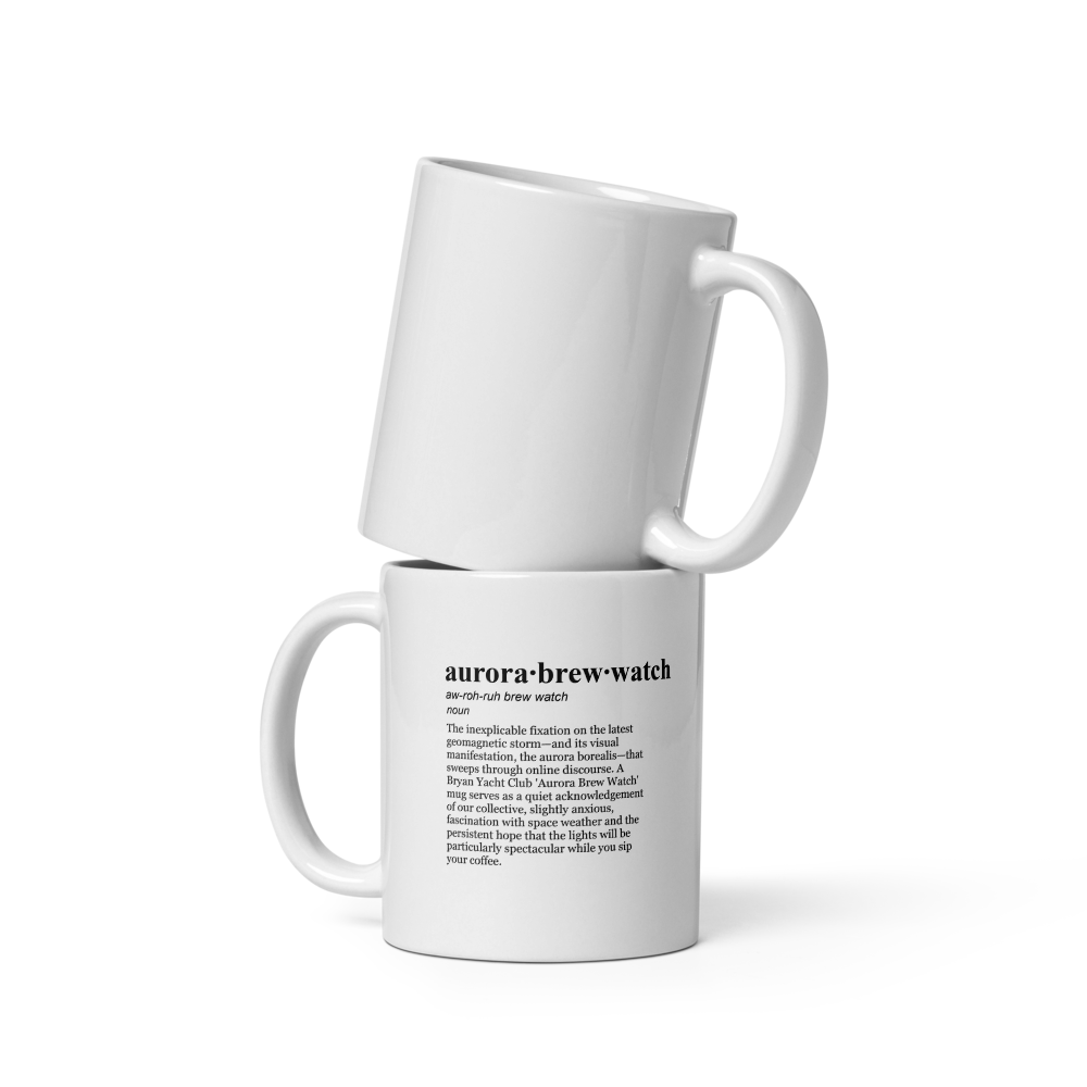 Glossy white ceramic coffee mugs, Geomagnetic Storm Brew
