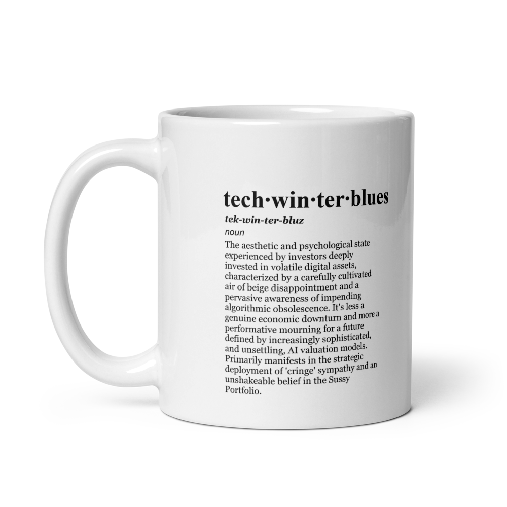 Beige ceramic coffee mugs – Tech Winter Spiral aesthetic, perfect for investor doubt.