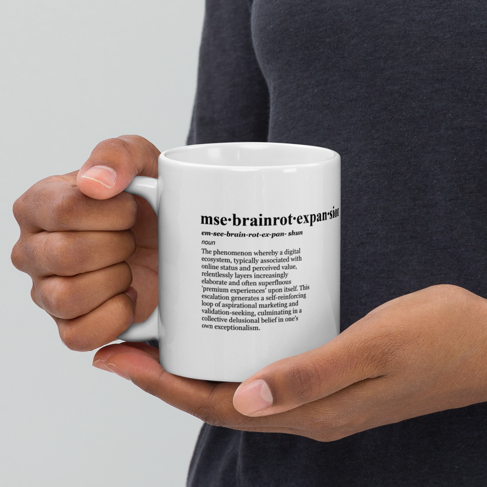 Light grey ceramic mugs - Premium Experience Overload design.