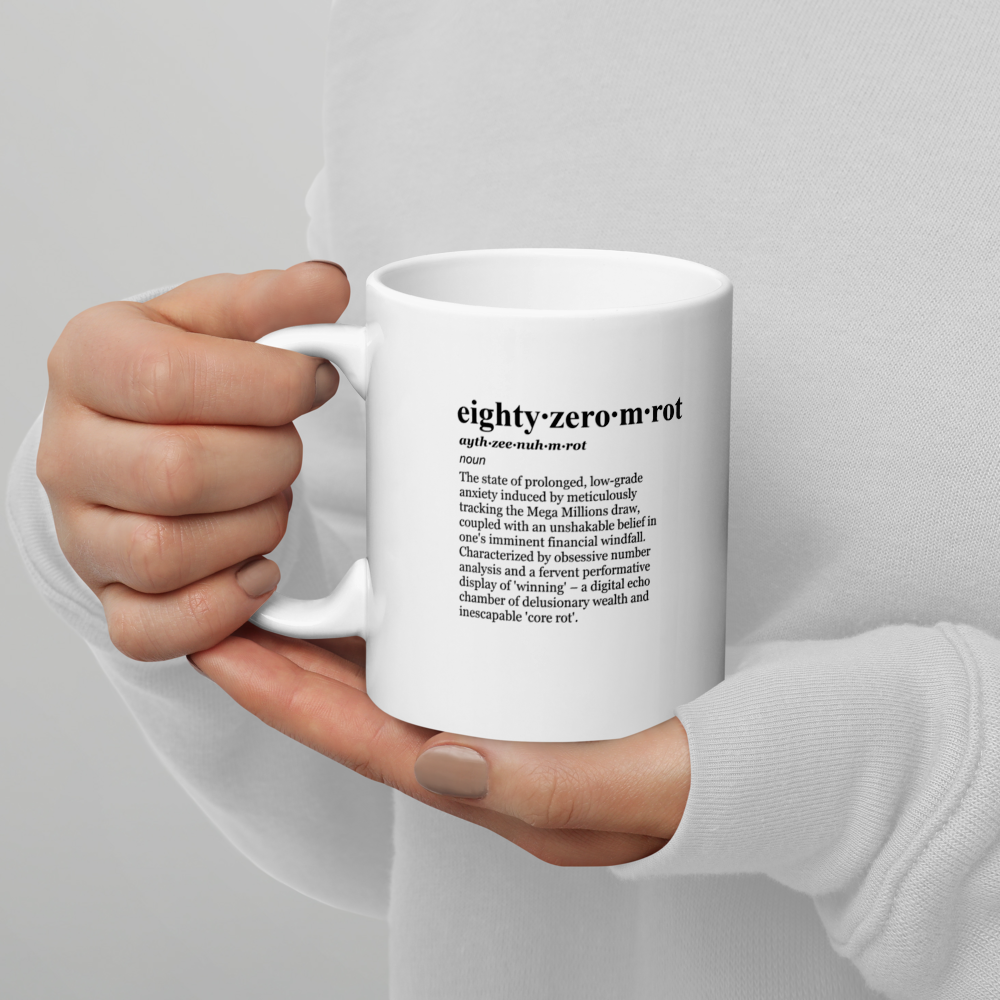 Beige ceramic coffee mugs: doomscrolling prize data trance