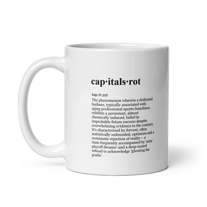 Redpilled fanbase ceramic mugs, embracing the Capitals rot with a lowkey delusion arc.