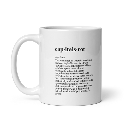 Redpilled fanbase ceramic mugs, embracing the Capitals rot with a lowkey delusion arc.