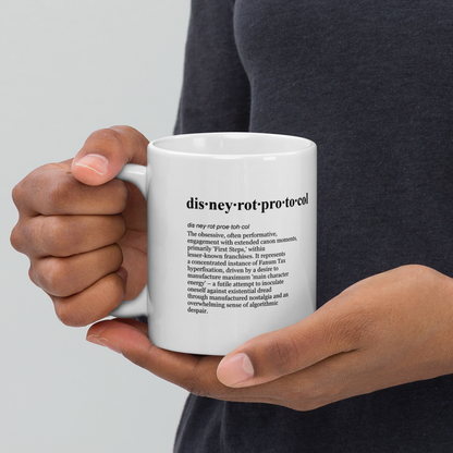 Beige ceramic mugs emphasizing the Cringe Economy Protocol – a doomposting rot cycle.