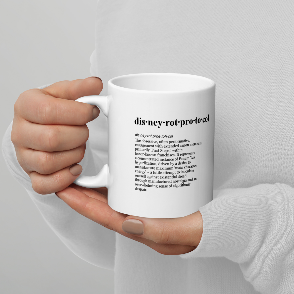 White mugs featuring the Disney Rot Protocol – a fanum tax obsession.