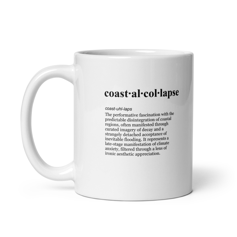 Beige ceramic coffee mug, Coastal Delusion Arc aesthetic.