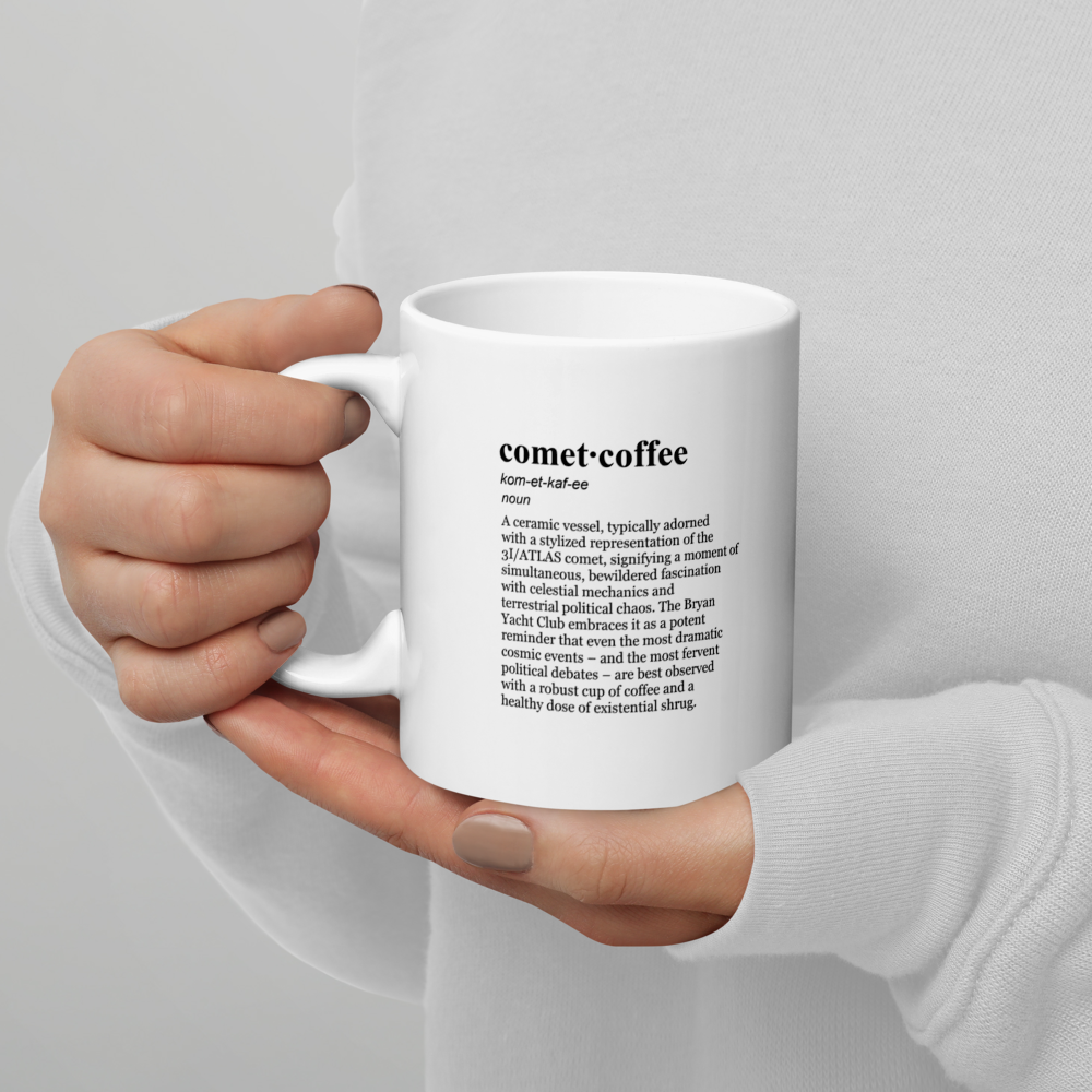 Space Mug - Glossy white ceramic coffee mug, dark gray color.
