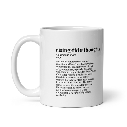 Glossy white ceramic coffee mugs - yacht club brew for AI art debate.