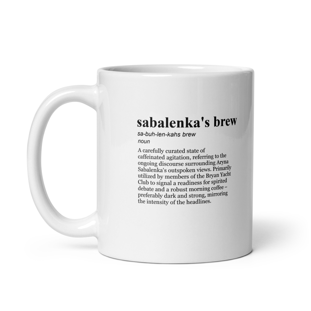 Glossy white ceramic coffee mug, a strong brew mug for tennis headlines.