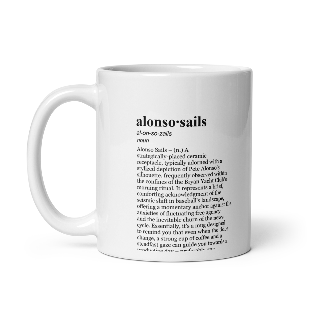 Glossy white ceramic coffee mug - Alonso Orioles Mug, Yacht Club Morning Brew