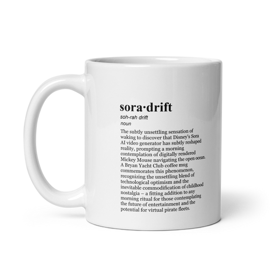 Glossy white ceramic mug, Disney Sora mug for AI content creation.