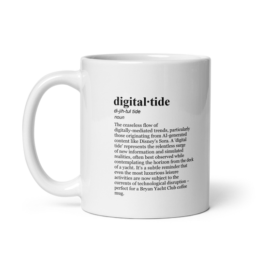 Glossy white ceramic coffee mug, Yacht Club Morning Brew AI mug