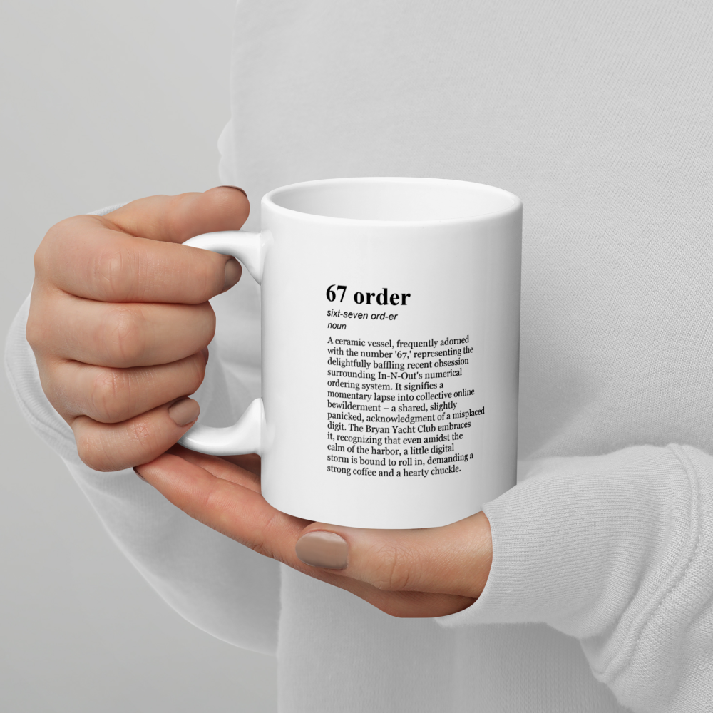 White ceramic coffee mugs – a playful mug for the 67 In-N-Out craze.