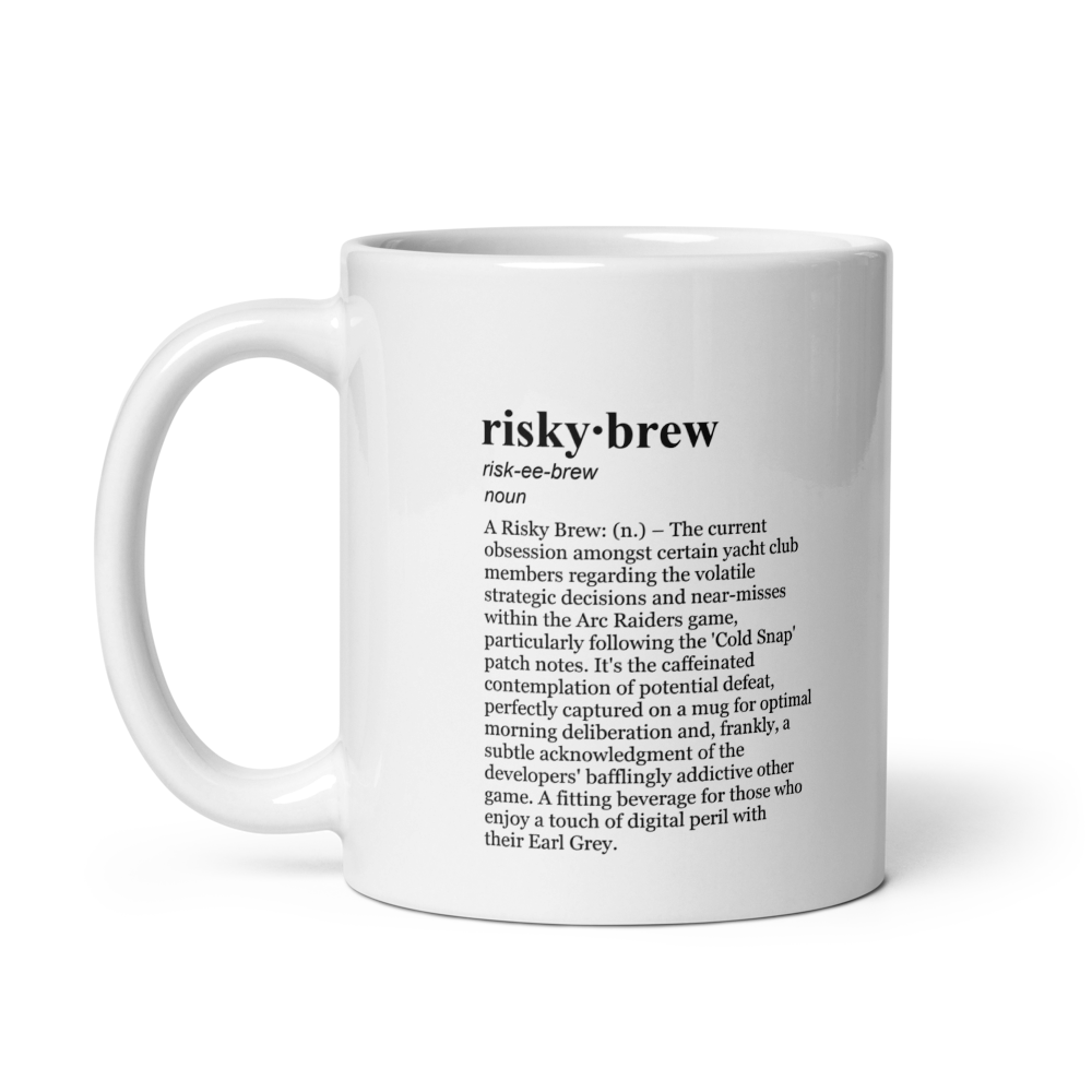 Glossy white ceramic coffee mug, perfect for the Raiders Risky Brew!