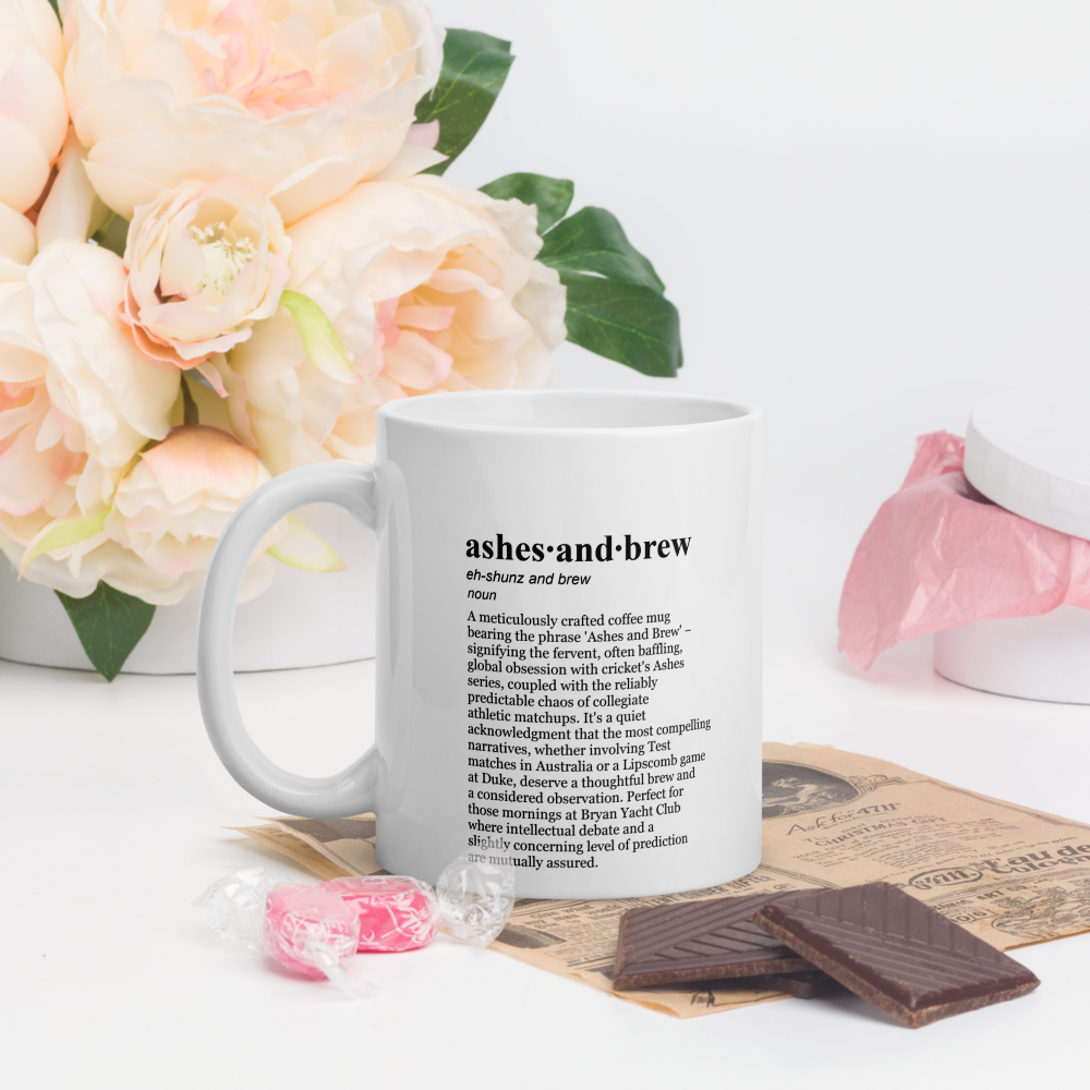 Glossy white ceramic coffee mugs, Ashes Betting Mug - Sporty Brew for a great game day.