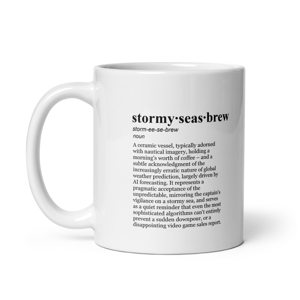 Glossy white ceramic coffee mugs, Stormy Seas Brew mug for yacht club mug.