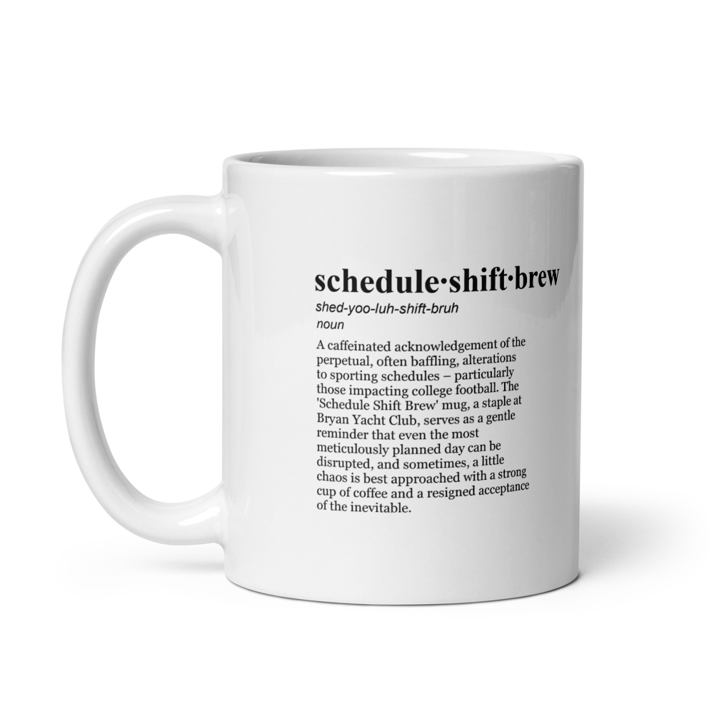 Glossy white ceramic coffee mug, perfect for your ACC schedule brew!