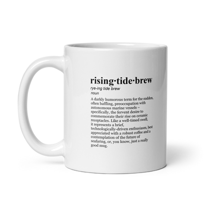 Glossy white ceramic coffee mug - Tech & Yacht Club design.