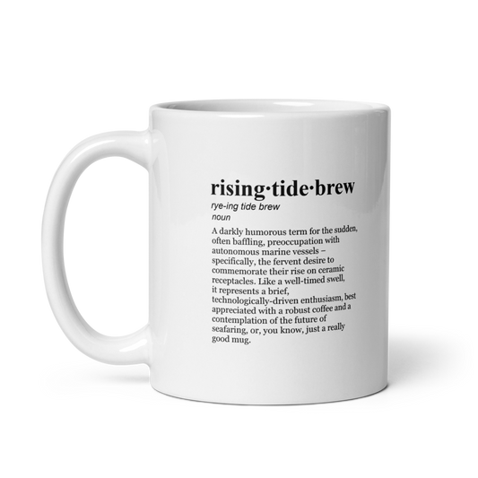 Glossy white ceramic coffee mug - Tech & Yacht Club design.