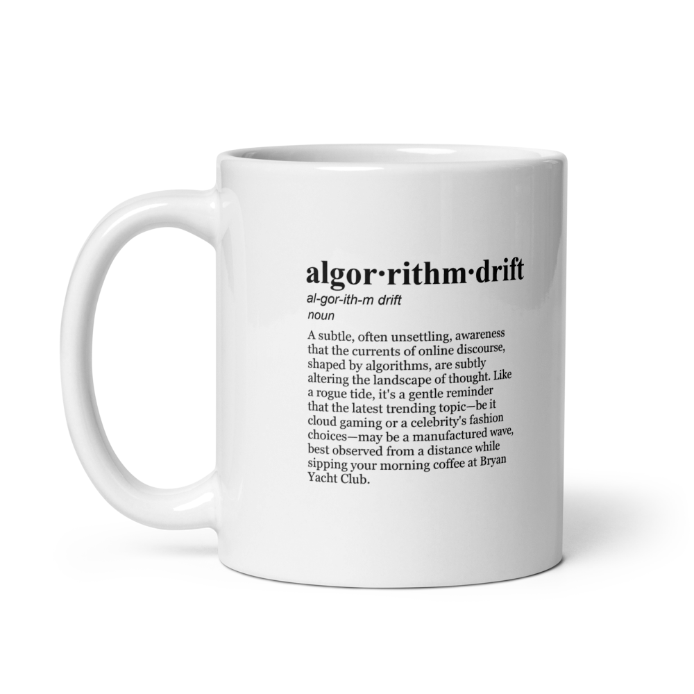 Glossy white ceramic coffee mug, a Morning Brew Mug AI from Bryan Yacht Club.