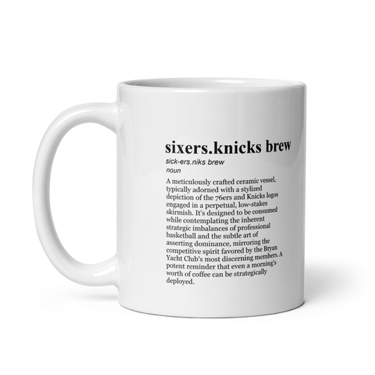 Glossy white ceramic coffee mug, Basketball Brew Mug for 76ers Knicks fans.