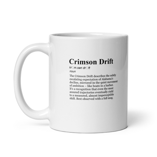Glossy white ceramic coffee mugs featuring Alabama speculation.