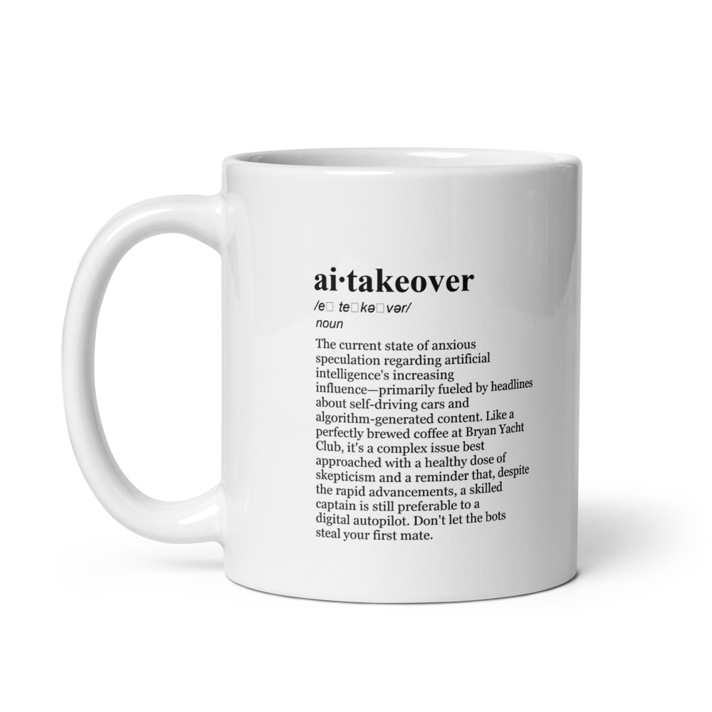 Glossy white ceramic coffee mug, a tech mug for AI lovers and yacht club enthusiasts.