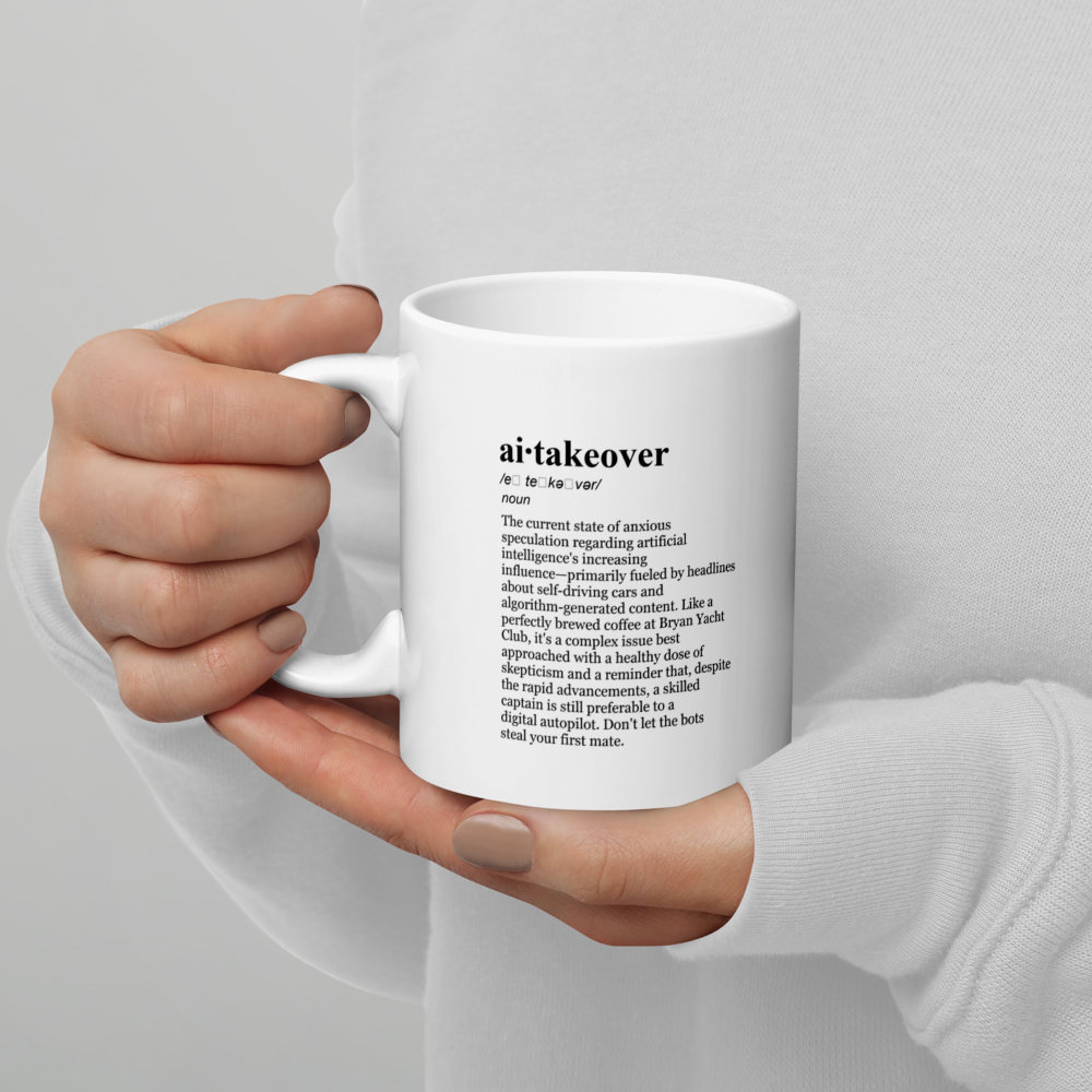 Orange ceramic coffee mug, a morning brew AI mug for a skeptical sunrise.