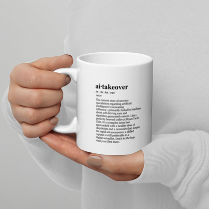 Orange ceramic coffee mug, a morning brew AI mug for a skeptical sunrise.