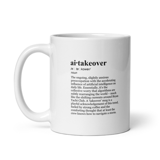 Glossy white ceramic coffee mug, a tech mug for morning brew AI enthusiasts.