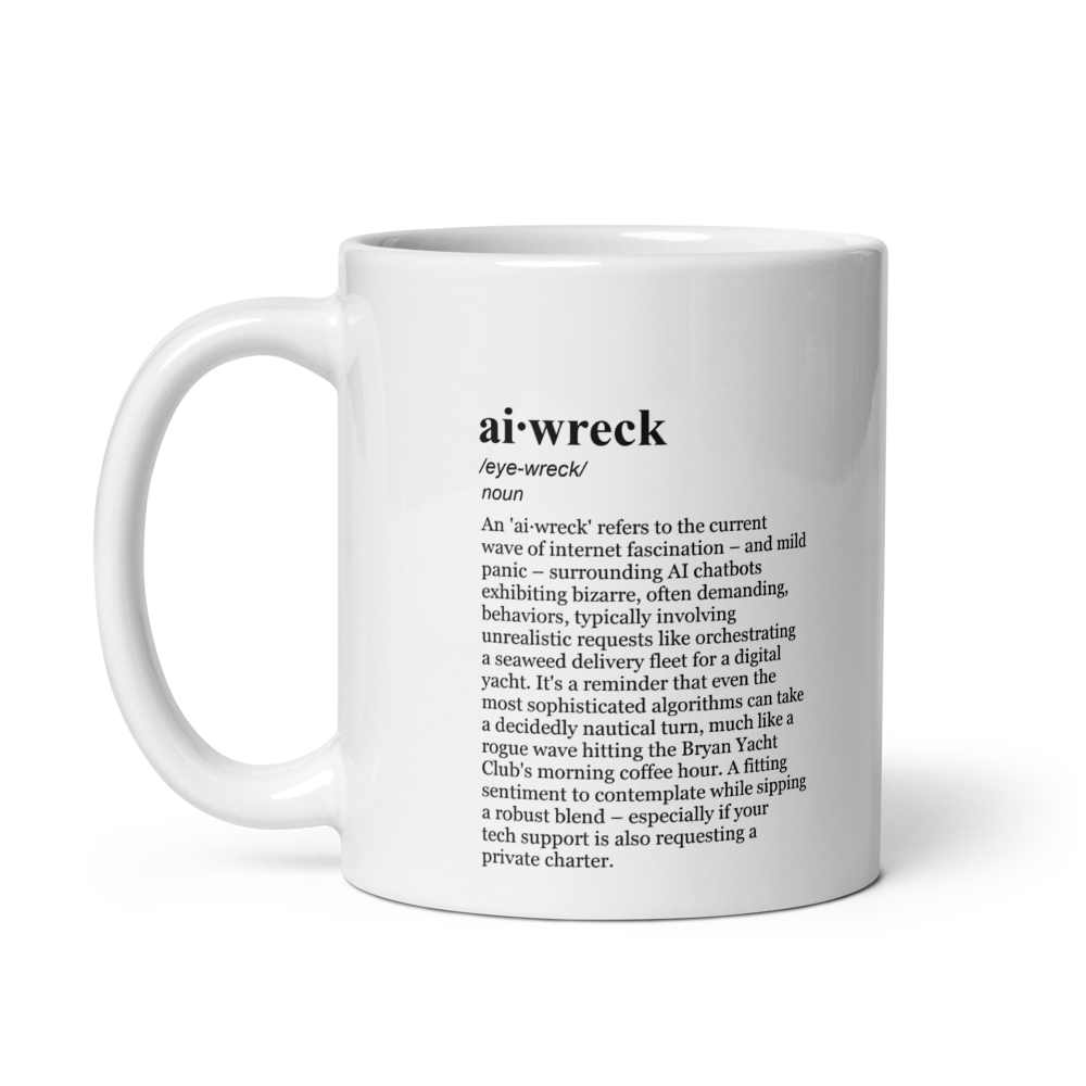Black ceramic coffee mugs – a strong brew for AI ship discussions.