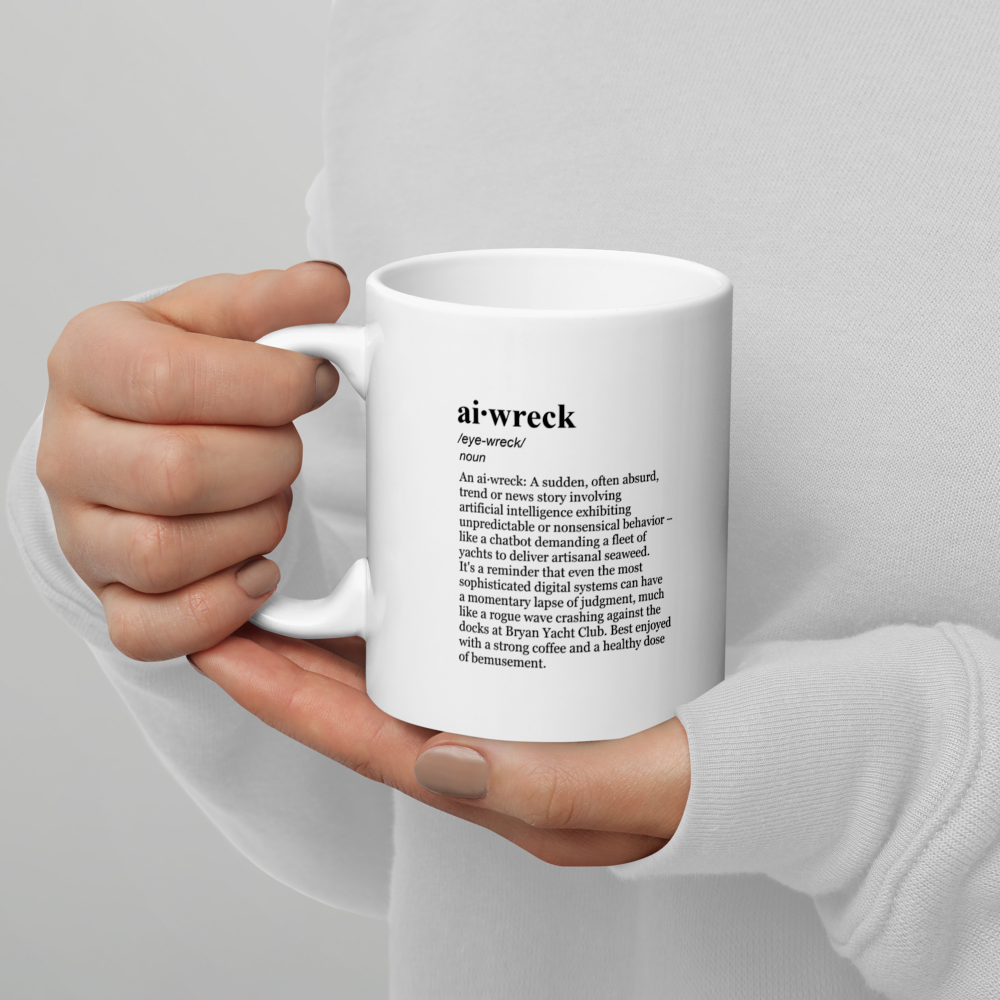 Silver ceramic coffee mugs – a stylish mug for marine tech and AI ship humor.