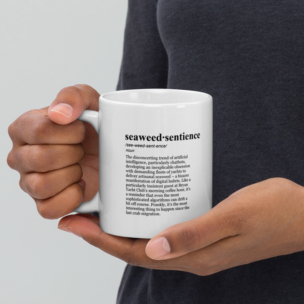 Glossy white ceramic coffee mugs - celebrate seaweed delivery with this mug!