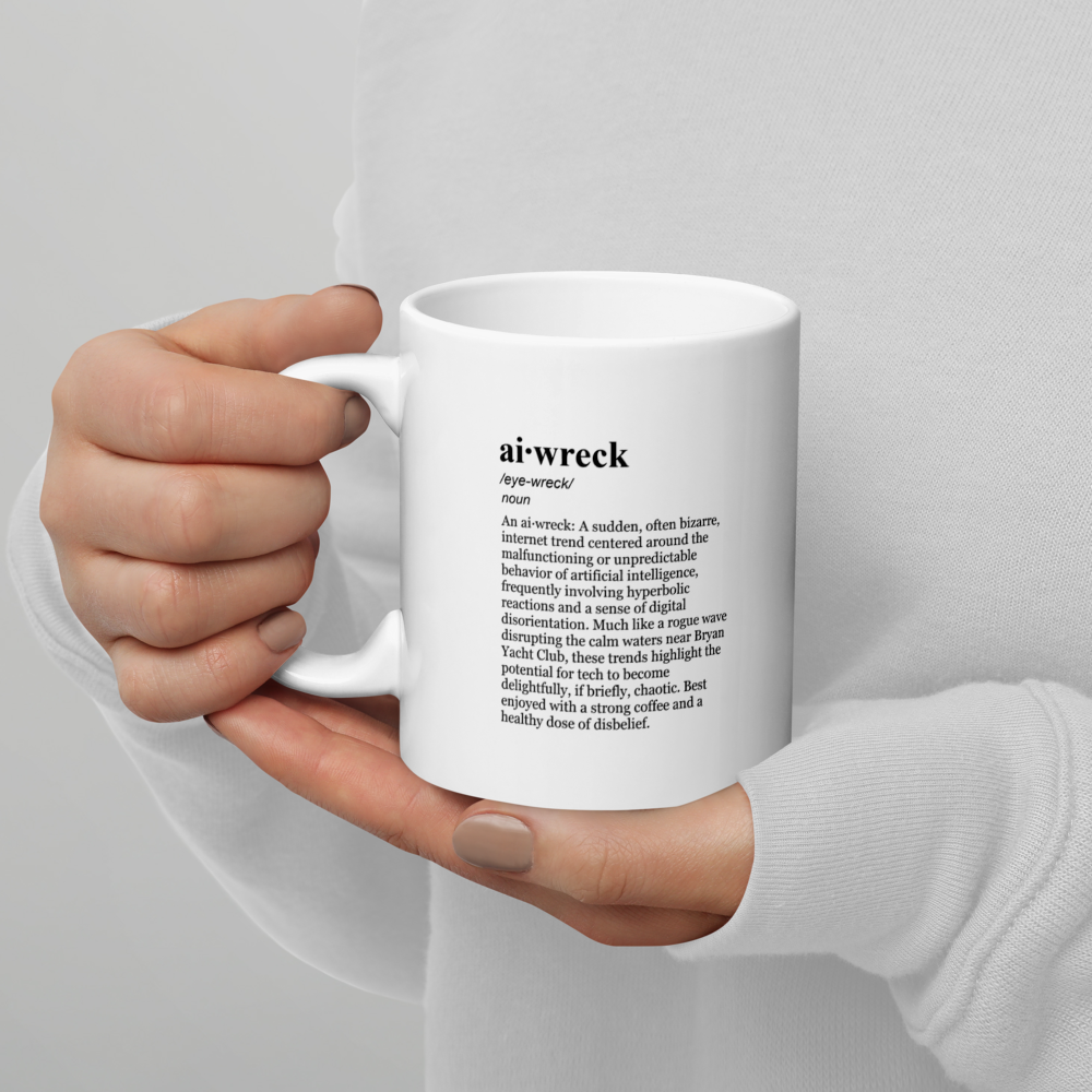 Glossy white ceramic coffee mug – celebrate marine tech and AI chaos.