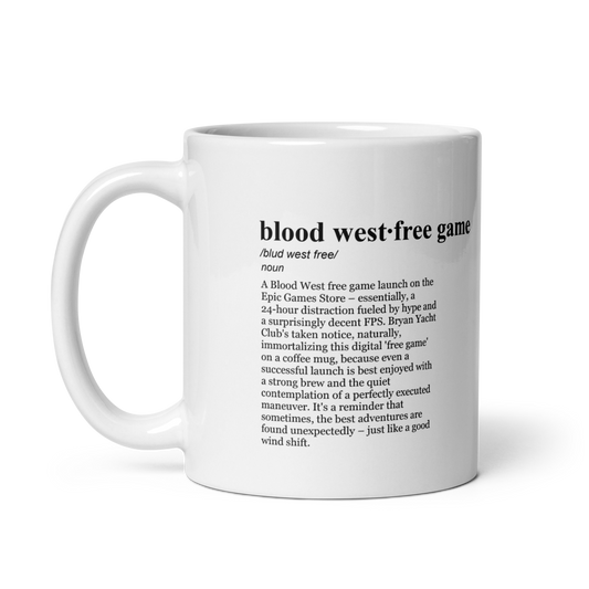 Glossy white ceramic coffee mug, perfect for your Blood West game launch morning brew.
