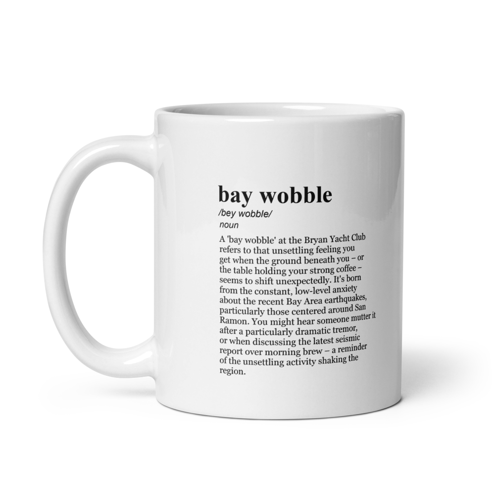 Glossy white ceramic coffee mugs, perfect for the Bay Area earthquake swarm.