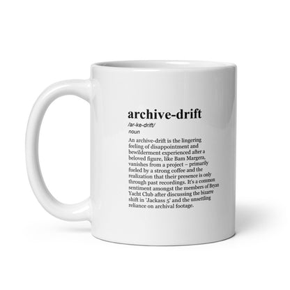 Vintage-style archival footage coffee mugs in a glossy black color.