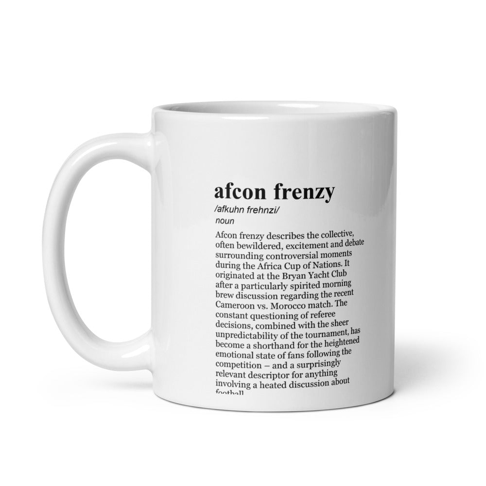 Glossy white ceramic coffee mugs - Cameroon vs Morocco AFCON 2025 discussion.