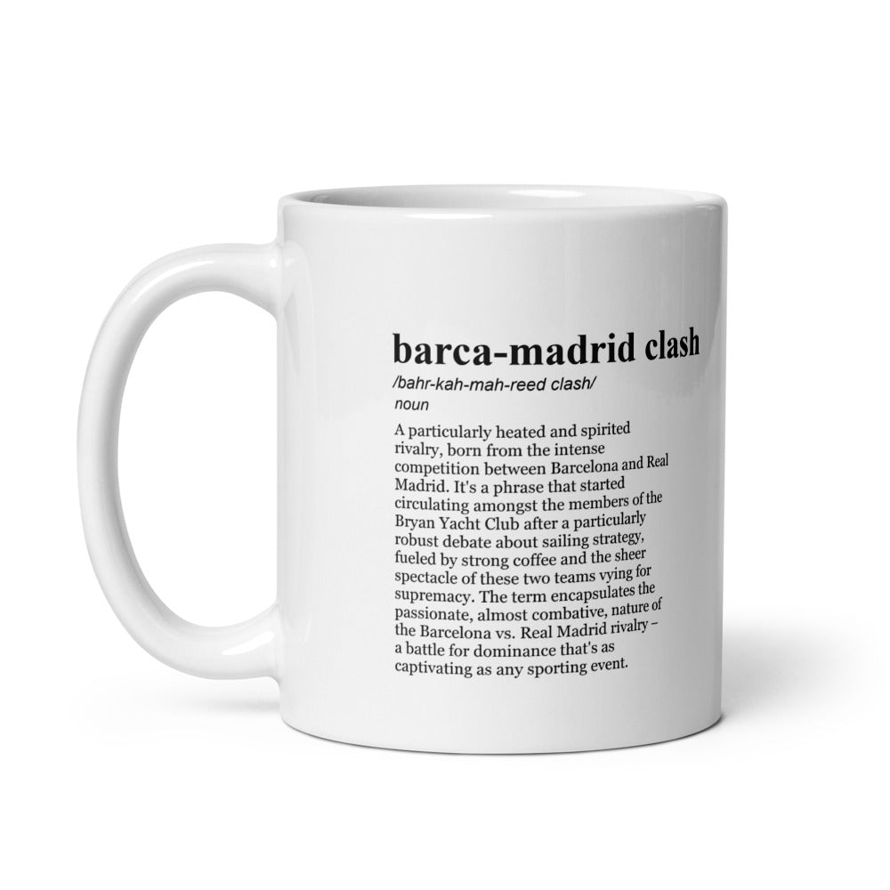 Glossy white ceramic coffee mugs featuring Barcelona vs Real Madrid