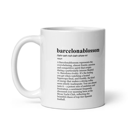 Glossy white ceramic coffee mugs - Barcelona vs Madrid rivalry.