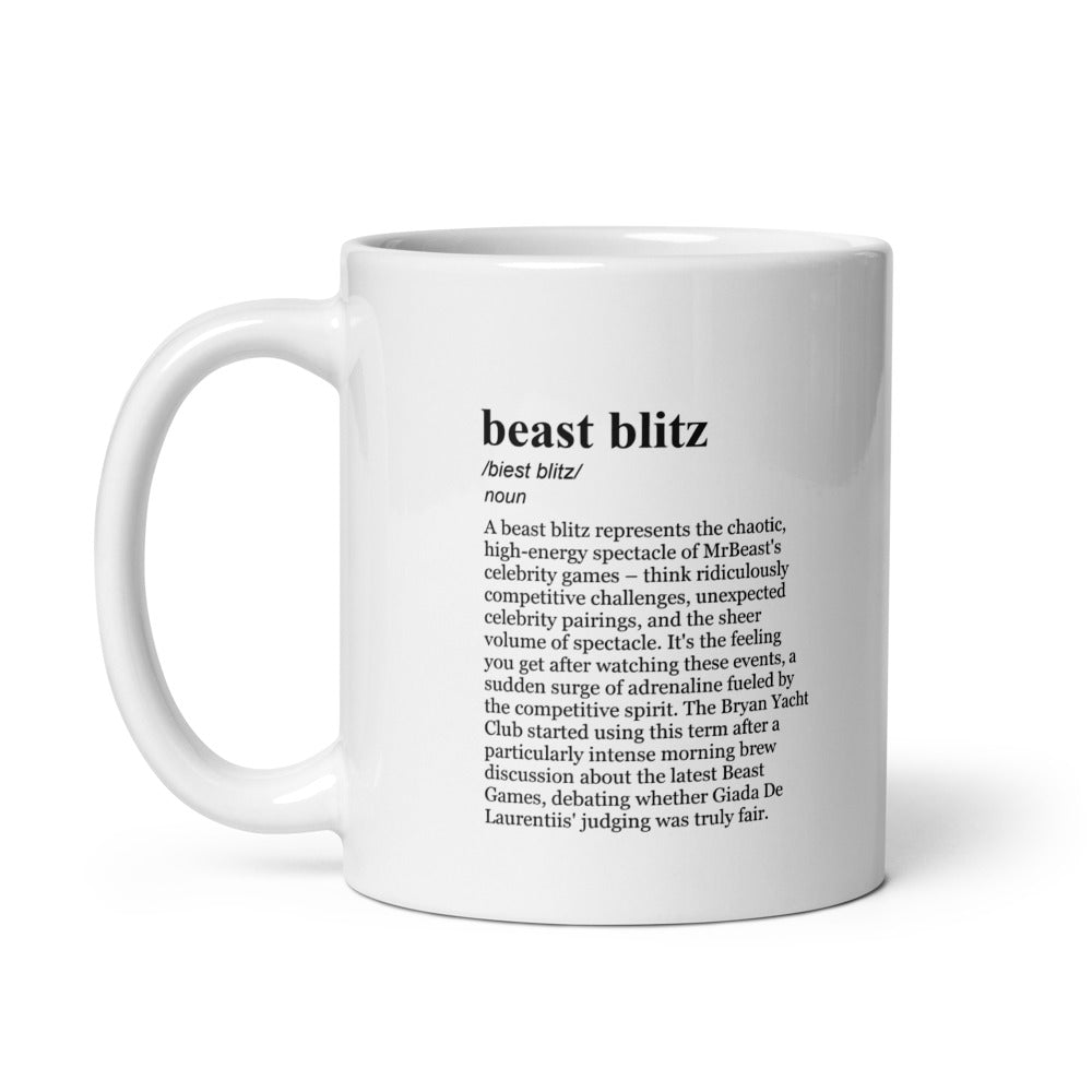 Glossy white ceramic coffee mugs for the MrBeast Games challenge.