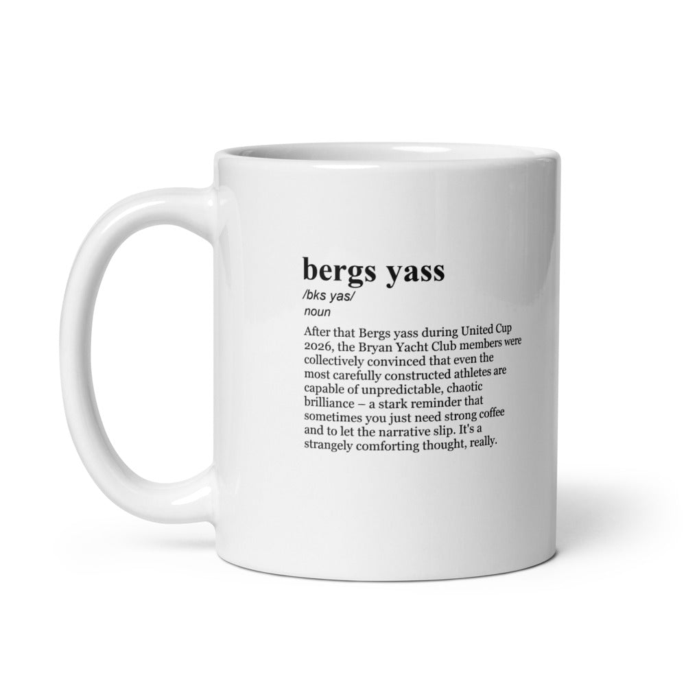 Glossy white ceramic coffee mug, United Cup 2026 style.